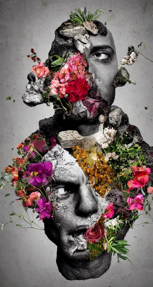 Prompt: the broken face of psychosis with destructive rage, made of stone and wood, is vomiting multicolored herbs and flowers, conceptual surreal magic realis conceptual art,