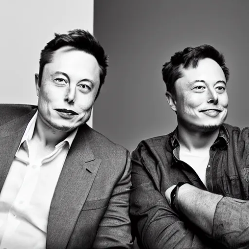 Image similar to A portrait photo of Elon Musk teams up with a teenage Elon Musk, perfect faces, 50 mm, award winning photography