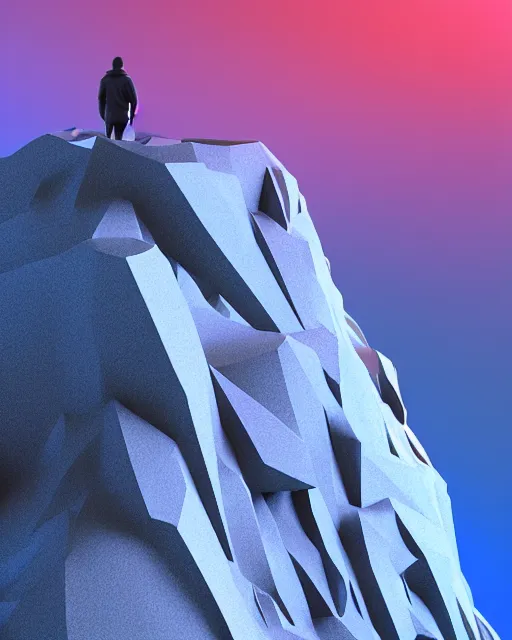 Image similar to a man standing in the middle of a mountain, a low poly render by filip hodas, behance contest winner, environmental art, rendered in cinema 4 d, volumetric lighting, low poly