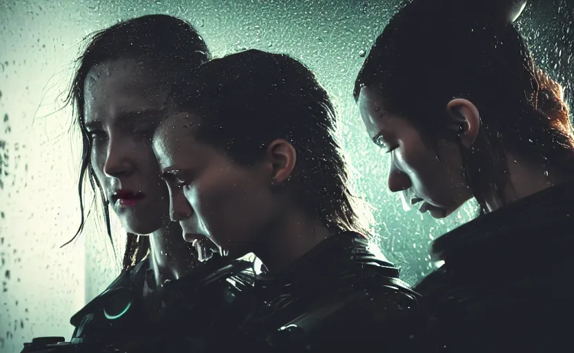 Image similar to cinestill 5 0 d candid photographic portrait by steven spielberg of two loving female androids sobbing wearing rugged black mesh techwear in treacherous waters, flooded city, medium closeup, retrofuturism cyberpunk moody emotional cinematic, pouring iridescent rain bright spotlight helicopter, 8 k, hd, high resolution, 3 5 mm, f / 3 2, ultra realistic faces, ex machina