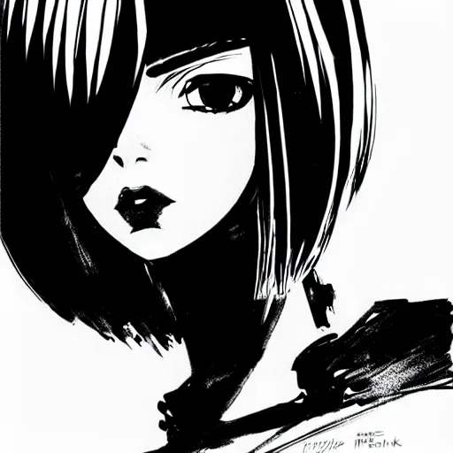 Image similar to an ink drawing of a tech punk girl by ilya kuvshinov, black and white