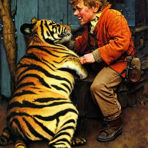 Prompt: bilbo baggins snuggles a tiger, realistic oil painting, style of norman rockwell, 8 k, super sharp, ultra detail, rule of thirds.