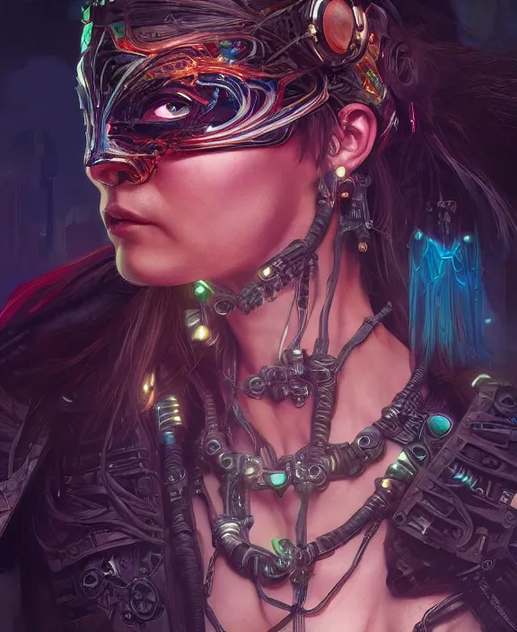 Image similar to portrait of a cyberpunk masked evil, half body, glowin eyes, d & d, fantasy, intricate, elegant, highly detailed, colorful, vivid color, digital painting, artstation, concept art, art by artgerm and greg rutkowski and alphonse mucha and ruan jia
