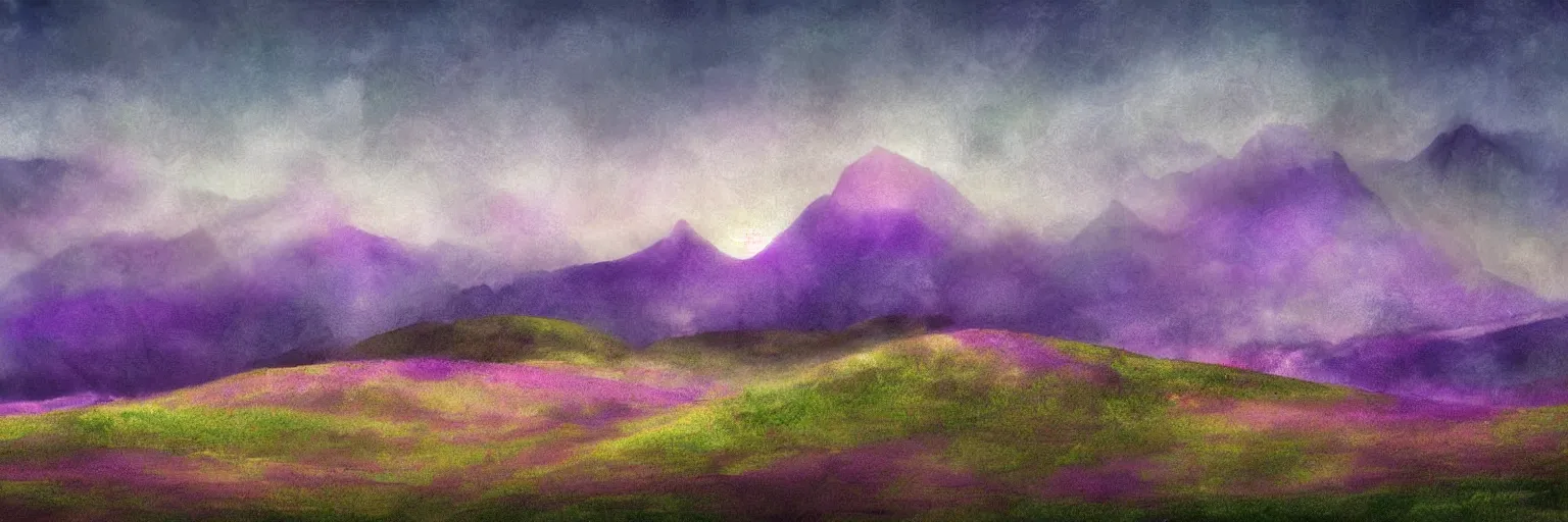 Prompt: Grass hill landscape with purple mountains in background light fog and dark sky digital art