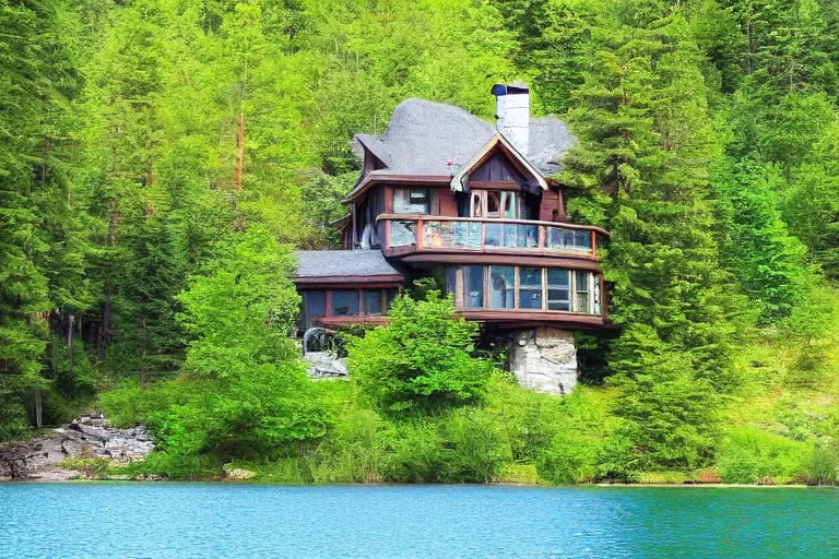 Image similar to cottage in the woods on a cliff beside a lake relax style