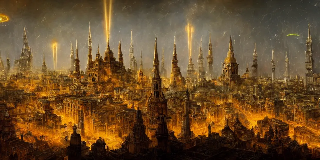 Image similar to magical city of the great tartarian empire adorned with amazing lost technology, lighting resembling fireflies, spires from rooftops collecting and distributing etheric energy, the centerpiece of the city is a colossal ancient pyramid made of metal, cityscape, combining intense detail & utmost quality, late 1 8 0 0 s photography christian hecker, artstation, - h 8 3 2