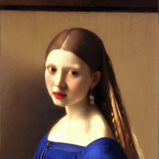 Image similar to a beautiful girl sees her reflection in a mirror : : highly detailed, beautifully lit, oil painting portrait by vermeer and bouguereau and waterhouse