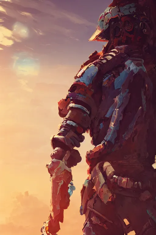 Image similar to combination suit armor aloy horizon forbidden west horizon zero dawn radiating a glowing aura global illumination ray tracing hdr fanart arstation by ian pesty and alena aenami artworks in 4 k tribal robot ninja mask helmet backpack