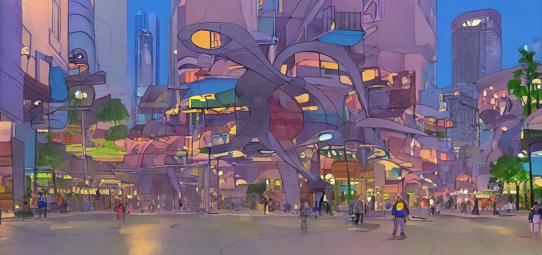 Image similar to futuristic street at a l. a. cityscape, visual development by lou romano, evening at dusk, pixar