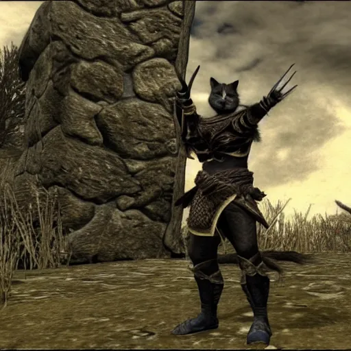 Prompt: a cat warrior in skyrim