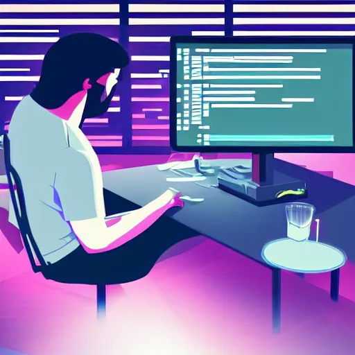 Image similar to portrait of a computer programmer coding while smoking marijuana through a bong digital art high quality artstation cinematic lighting