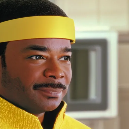 Image similar to Geordi La Forge wearing visor and a colander and random kitchen tools on his head