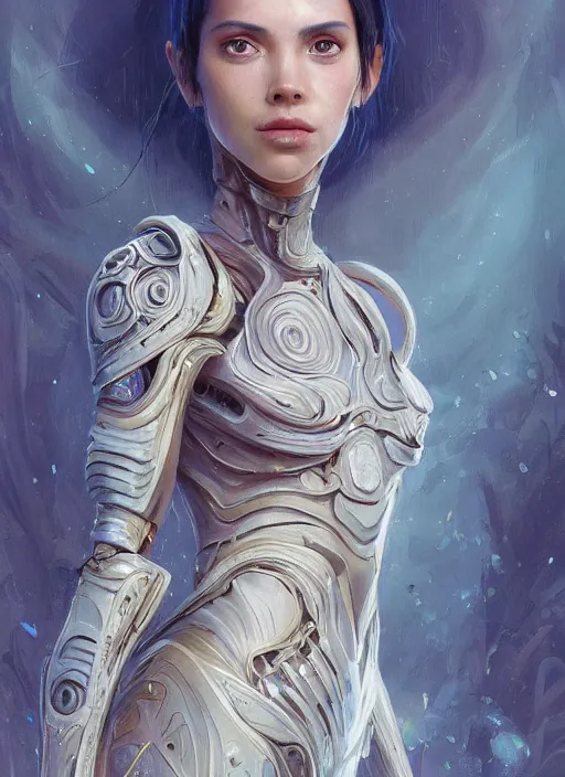 Image similar to a professional painting of a beautiful young female alien, clothed in ethereal armor, olive skin, long dark hair, beautiful bone structure, symmetrical facial features, intricate, elegant, digital painting, concept art, smooth, sharp focus, illustration, from Valerian and the City of a Thousand Planets, by Ruan Jia and Mandy Jurgens and Artgerm and William-Adolphe Bouguerea