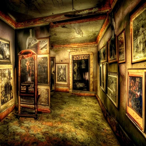 Prompt: Creepy Dimly Lit Run Down Wax Museum Gallery Display HDR