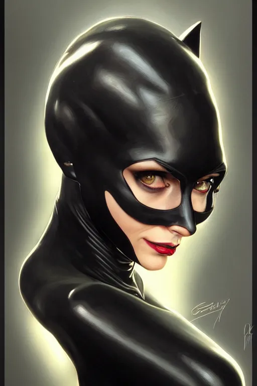 Image similar to catwoman, realistic portrait, symmetrical, highly detailed, digital painting, artstation, concept art, smooth, sharp focus, illustration, cinematic lighting, art by artgerm and greg rutkowski and alphonse mucha