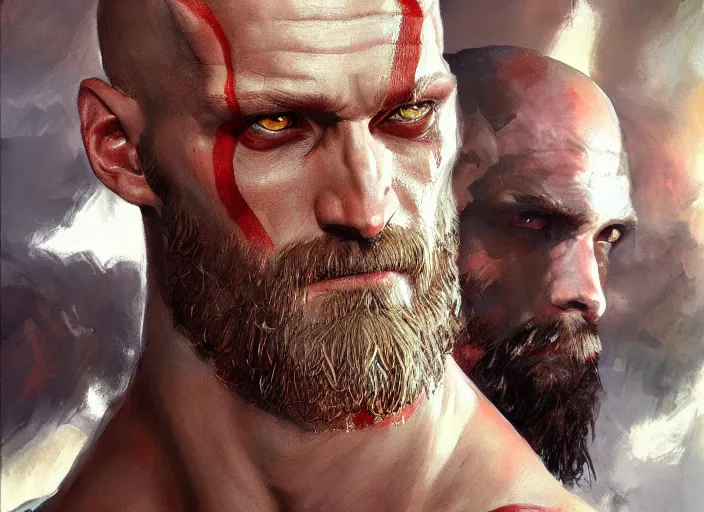 Image similar to a highly detailed beautiful portrait of alexander skarsgard kratos hybrid god of war, by gregory manchess, james gurney, james jean, octane, fantasy