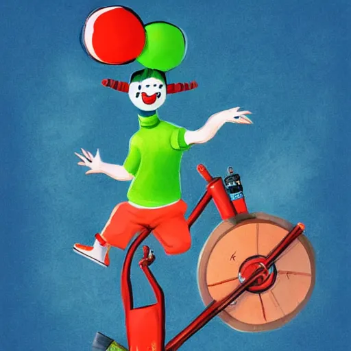 Image similar to funny clown riding a unicycle while juggling bowling pins, concept art, illustrated, highly detailed, high quality, bright colors, optimistic,
