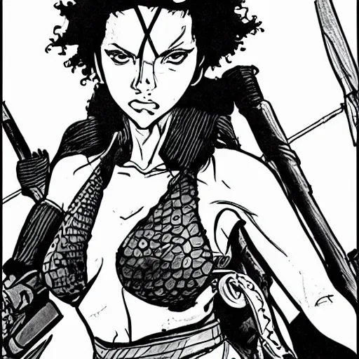 Image similar to scarlett johansson as a barbarian in afro samurai manga style, pencil and ink, walking the wastelands