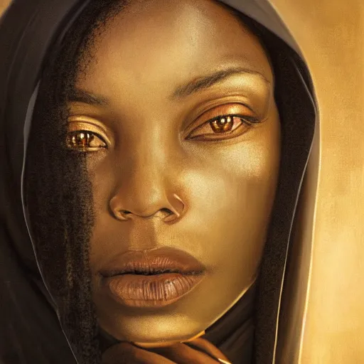 Image similar to a portrait of a young black woman wearing a long dark cloak, hood and shadows covering face, anatomically correct, beautiful perfect face, enigmatic, oil painting, matte painting, black background, Volumetric Golden dappled dynamic lighting, Highly Detailed, Cinematic Lighting, Unreal Engine, 8k, HD, by Beksinski