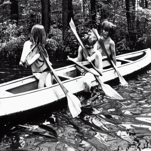 Image similar to a horrible eldritch being made of canoes and canoe paddles, eerie photo, 1 9 8 0 s nostalgic camp photo