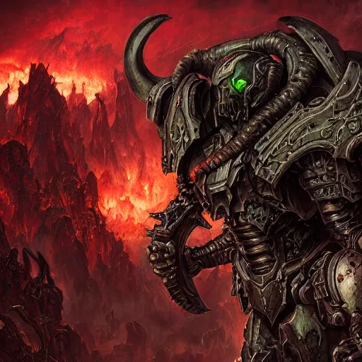 Image similar to fantasy art of doom slayer, intricate, high detailed, insane detailed, cgsociety, doom hell theme