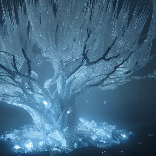 Image similar to crystal tree splash, closeup, extremely gloomy lighting, shining light, atmospheric, cinematic, unreal Engine, trending artstation hyperdetailed 8K