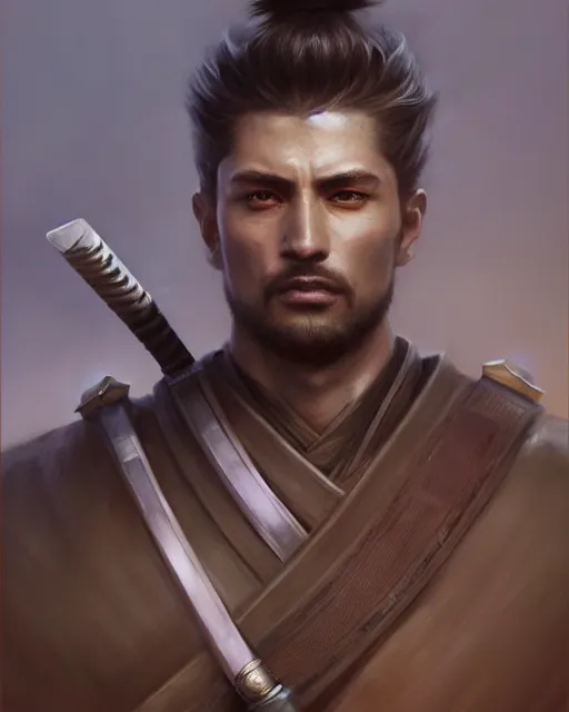 Image similar to full length portrait of a handsome and muscular ronin, square masculine facial features, short messy hair, katana, by wlop and peter mohrbacher, samurai, extremely detailed shading, concept art, digital painting, trending on artstation, unreal engine 5, octane render, atmosphere, glow, cinematic lighting, full of color