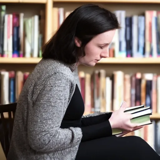 Image similar to Scottish woman with dark hair and pale skin reading a book