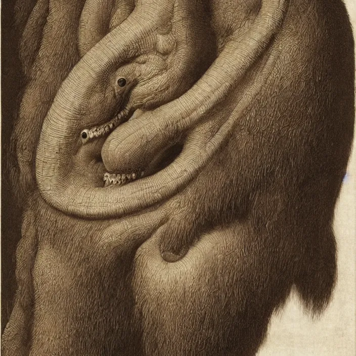 Prompt: close up portrait of a mutant monster creature with very long eyelashes that go up, covering the entire forehead. jan van eyck, walton ford