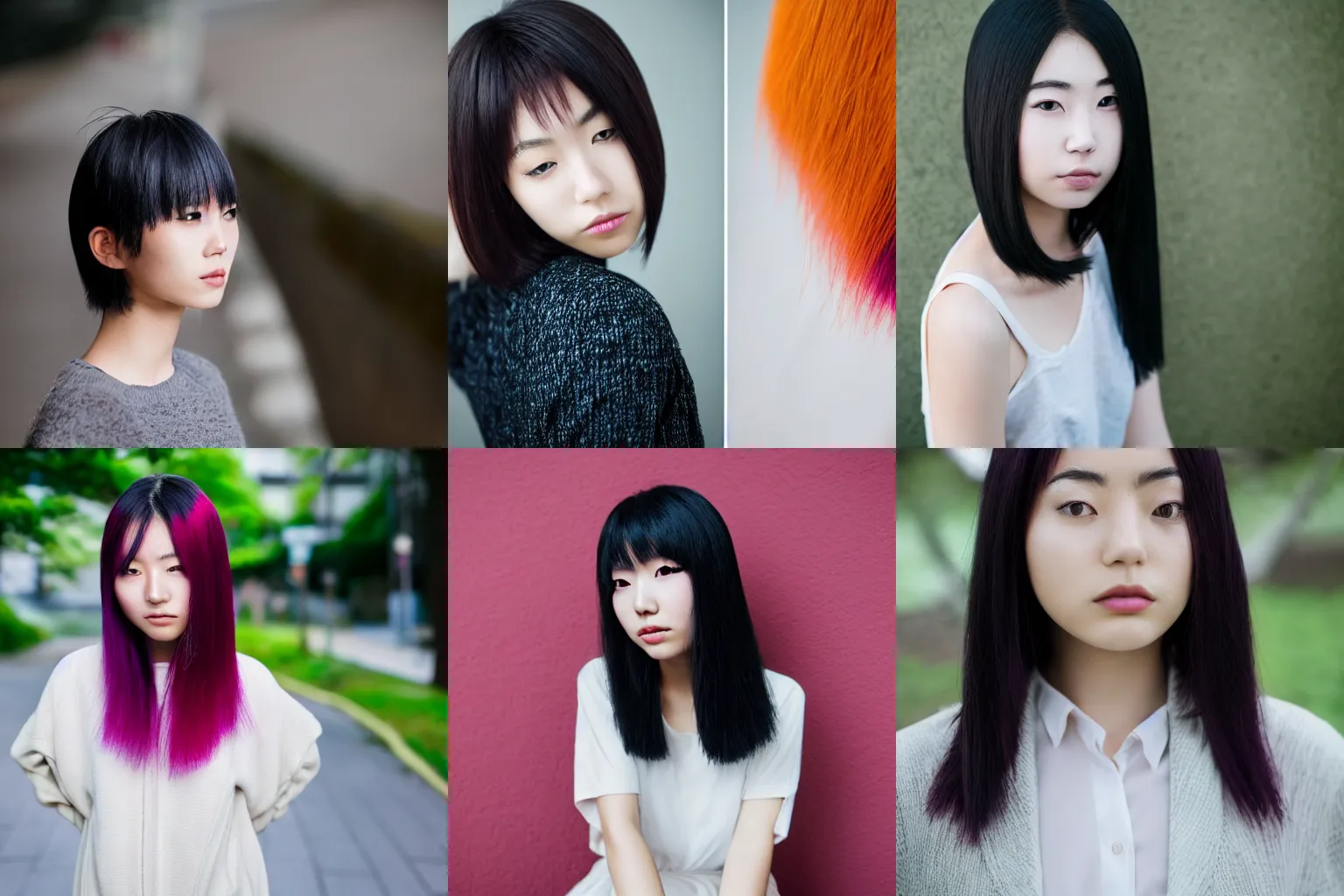 Prompt: young gorgeous japanese woman with mixed color hair, peaceful expression, medium shot, canon eos r 3, f / 1. 4, iso 2 0 0, 1 / 1 6 0 s, 8 k, raw, unedited, symmetrical balance, in - frame, black background