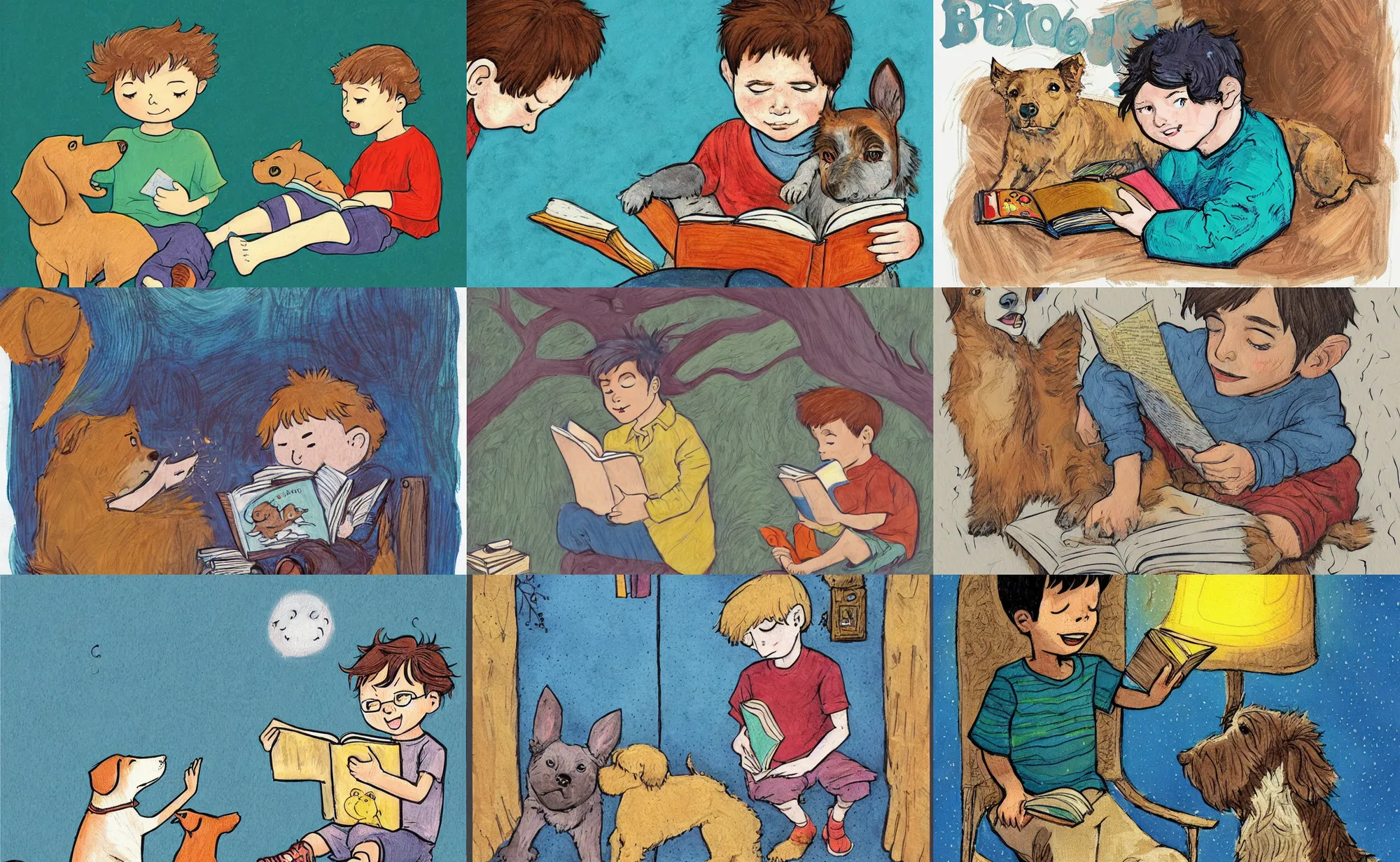 Prompt: children book illustration of boy with dog reading a book. zoomout. by beatrice blue, by julia sarda, by loish. classic, guache, crayons, traditional. artstation. behance. intricate.