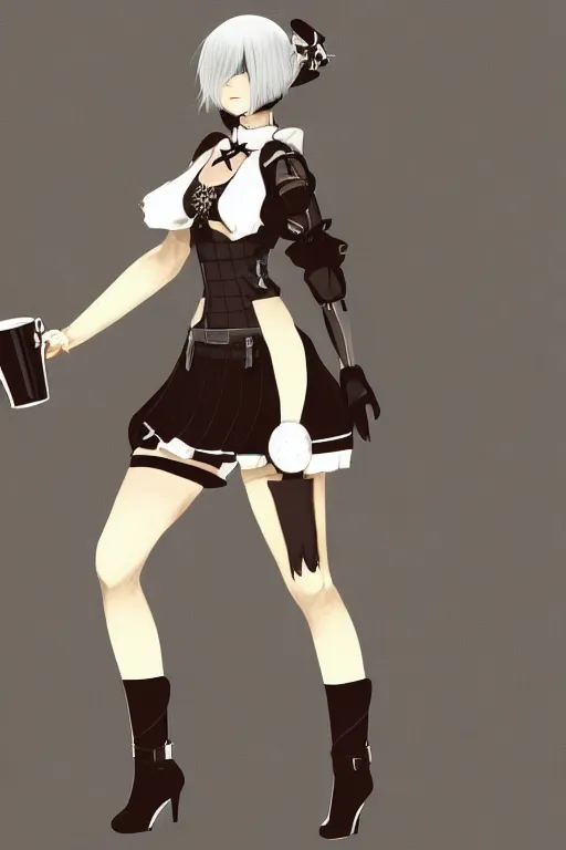 Prompt: Concept art of 2B from Nier Automata wearing a tartan miniskirt and holding a cup of tea