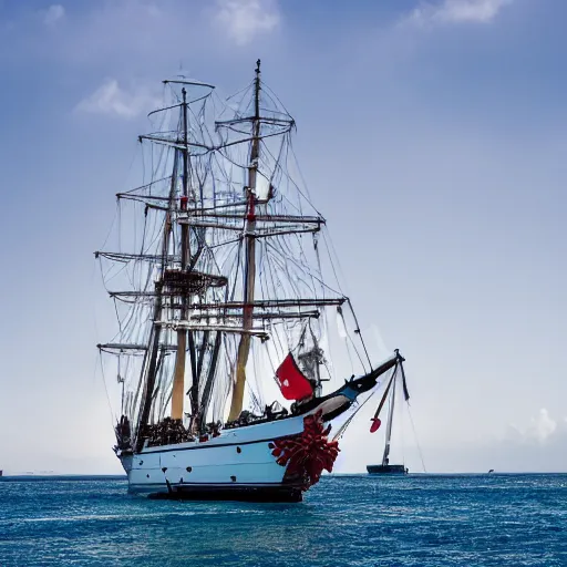 Prompt: a pirate ship with white sails and crimson hull with 3 masts, dslr photo