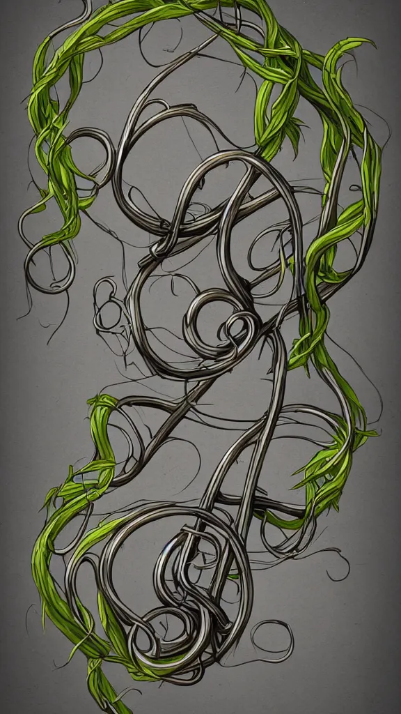 Image similar to a French horn with long thick vines wrapping around it, fantasy art, art station, grey background,