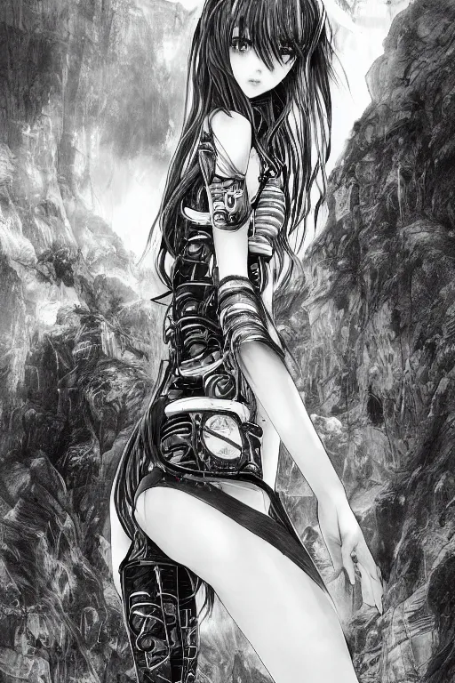 Image similar to a vertical portrait of a character in a scenic environment by Yoshitaka Amano, black and white, dreamy, cybernetic suit, wavy long black hair, highly detailed