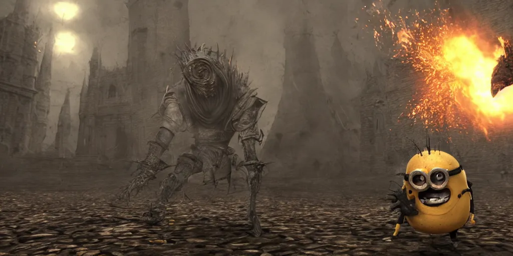 Image similar to minion as a darksouls boss, horror, hd, screenshot,