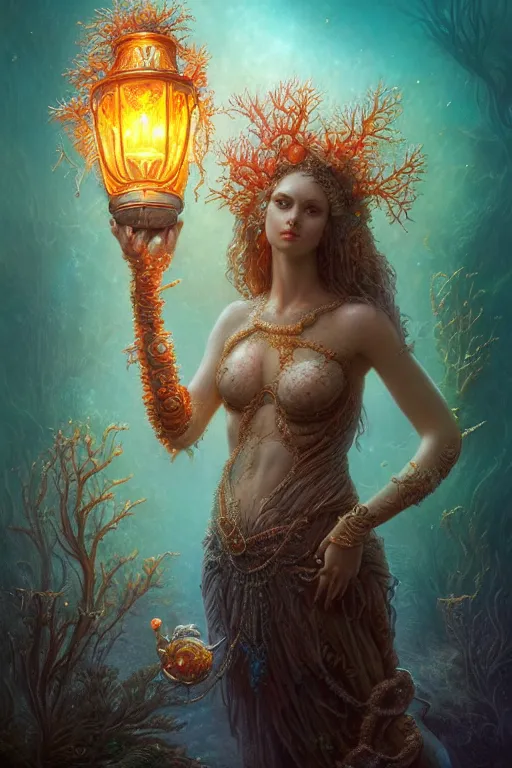 Image similar to a stunning ultra detailed underwater fantasy illustration of a goddess holding a glowing lamp, overgrown with colorful coral, by tomasz alen kopera and tom bagshaw, water bubbles, very detailed, deep depth of field, 5 0 mm lens, soft lighting, artstation, highly coherent, 8 k