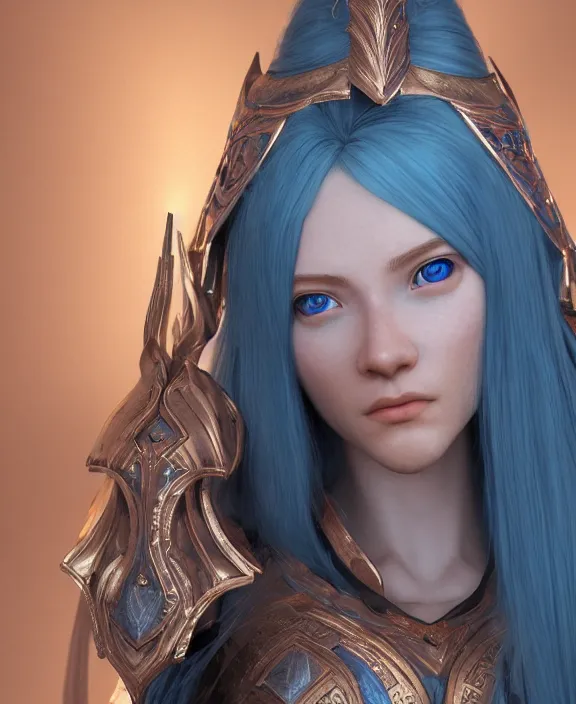 Image similar to a beautiful and highly detailed digital portrait of a dignified female elven paladin with blue hair in rose gold armor by jia ruan, clint cearley, and karol bak, centered, artsation contest winner, cgsociety, fantasy art, cryengine, concept art, photorealism, daz 3 d, sketchfab, zbrush, vray