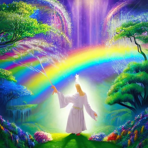 Prompt: white robe wizard with wand from far away, white unicorn, rainbow, hills, forest, waterfall, mists, flowers, butterflies, gold, diamonds, harp, divine soul, music in the air, wonderful flower aroma, dew drops, spring, Mary Blair, Eyvind Earle, Gabriel Gomez, Marcin Jakubowski