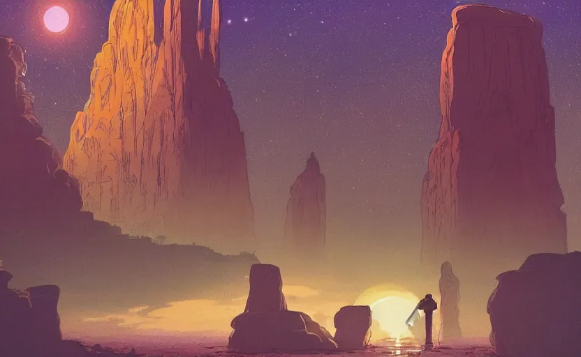 Image similar to a realistic cell - shaded studio ghibli concept art from paprika ( 2 0 0 6 ) of a cubic multi - colored rocketship from close encounters of the third kind ( 1 9 7 7 ) in a flooded monument valley stonehenge jungle jungle on a misty starry night. a camel caravan is in the foreground. very dull colors, portal, hd, 4 k, hq