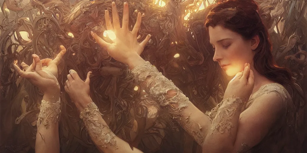 Image similar to too many hands, gnarled, so many hands, fingers, weird amount of hands, intense lighting, light beams, lens flare, intricate, elegant, highly detailed, digital painting, artstation, concept art, smooth, sharp focus, illustration, art by artgerm and greg rutkowski and alphonse mucha