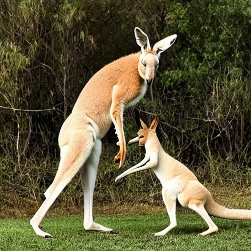 Prompt: a Muscular kangaroo and a very cute white rural retriever photograph, garden, highly detailed, high quality, award winning