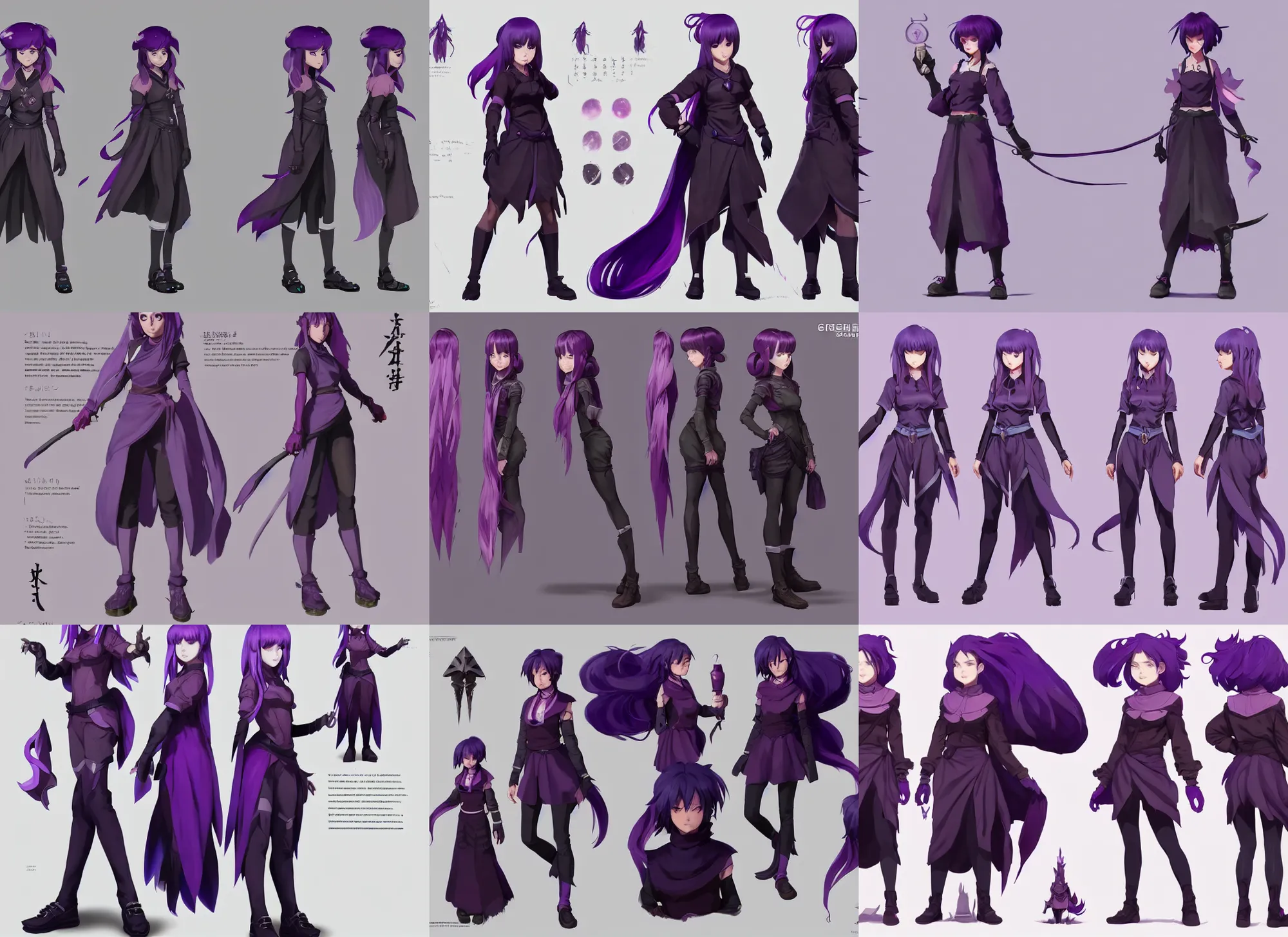 Prompt: character sheet for a cute girl for genshin impact by greg rutkowski, black to purple fade hair, sorcerer magic witch, by studio ghibli, digital art, trending on artstation, hd, 8 k, highly detailed, good lighting, beautiful, masterpiece