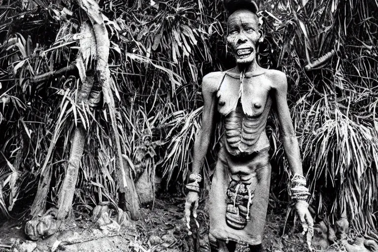 Image similar to a 1905 colonial closeup photograph of an African scary tribal voodoo ghost in a village at the river bank of Congo , Thick jungle,scary, evil looking, wide angle shot