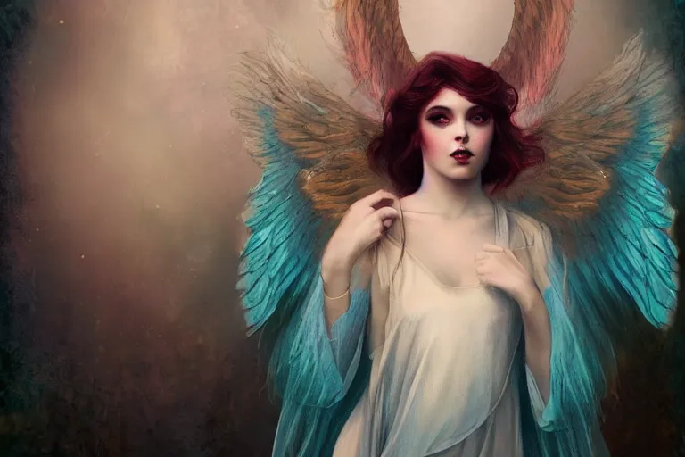 Image similar to pretty angel girl with wings photograph in the style of tom bagshaw, colorful, realistic, 8 k