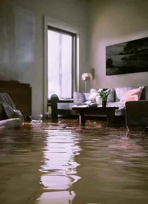 Image similar to kodak portra 4 0 0 photographic and realistic, 8 0 s living room, detailed, octane render, 4 k, hyper realistic, floor flooded, how river, wide angle, 2 8 mm, sharp focus, soft light, volumetric light fog, in the style of gregory crewdson