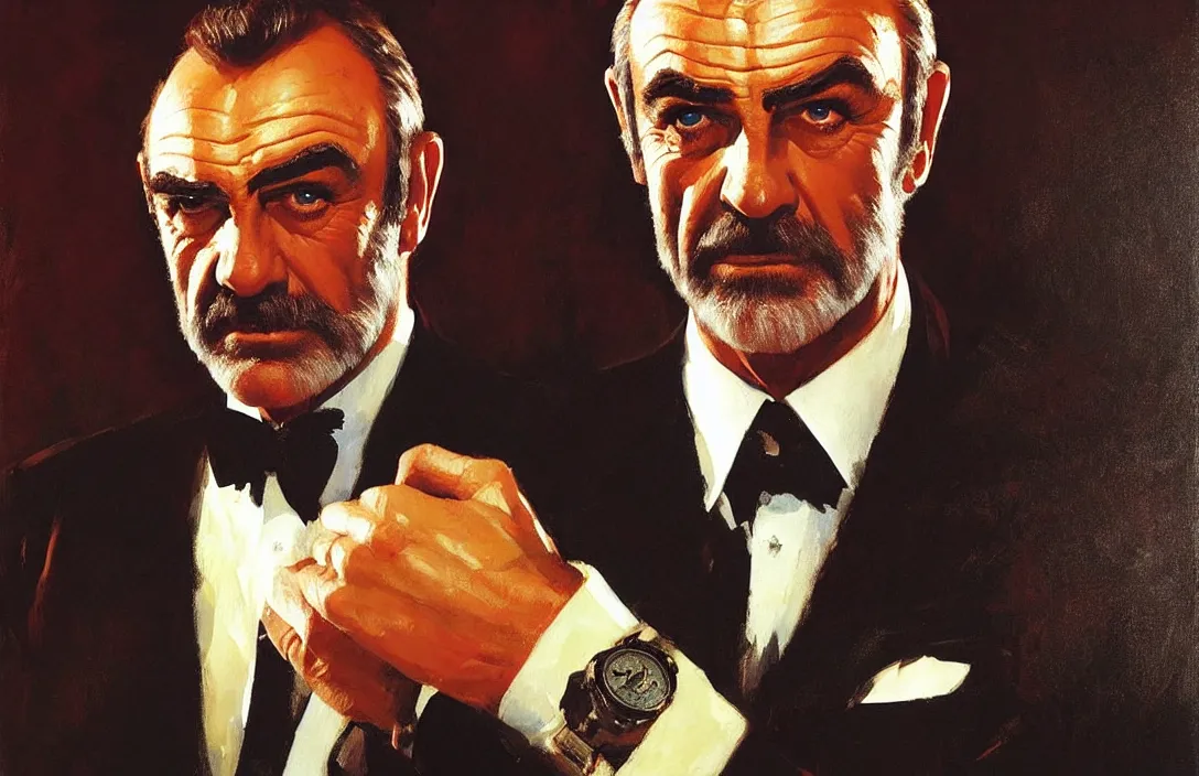 Image similar to portrait of sean connery as james bond!!!!!!!!!!!!!!!!!!!!!!!!!!!, detailed face, detailed painting, epic lighting, by ilya repin, phil hale and kent williams