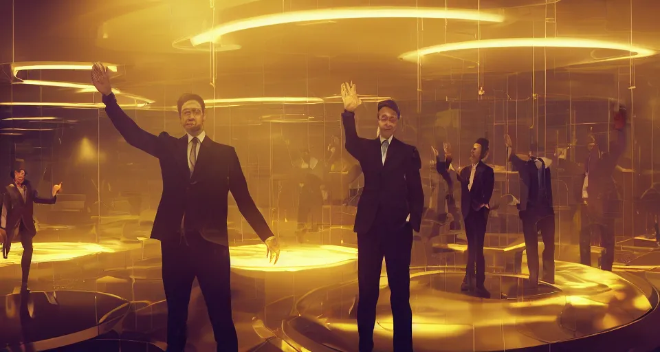 Image similar to Dramatic photo of a CEO waving to a large group of his coworkers in a futuristic office. Golden coins are levitating all around them. 8k, high detail, trending on Artstation, volumetric lighting, cyberpunk