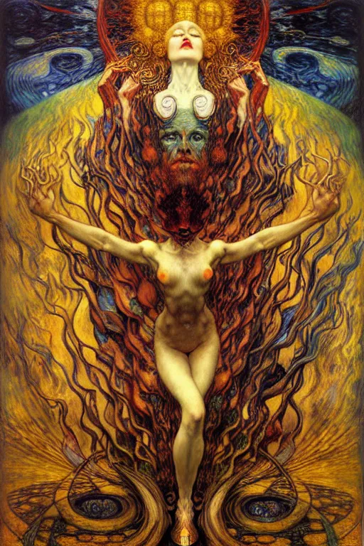 Image similar to Divine Chaos Engine by Karol Bak, Jean Delville, William Blake, Gustav Klimt, and Vincent Van Gogh, symbolist, visionary