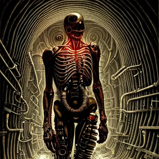 Prompt: ultra realist intricate detailed horror painting of a single rugged cyborg male in alien tunnel, cyborg tech on body and legs, accurate features, cyberpunk, industrial, apocalyptic, very intricate details, focus, high resolution, 8 k resolution, dramatic lighting, artstyle zdzisław beksinski, award winning